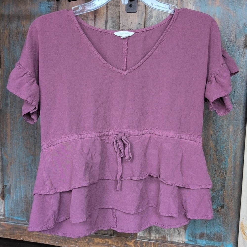Sim & Sam Mauve Tiered Ruffle Cropped Short Sleeve Shirt Cottage Boho - Medium